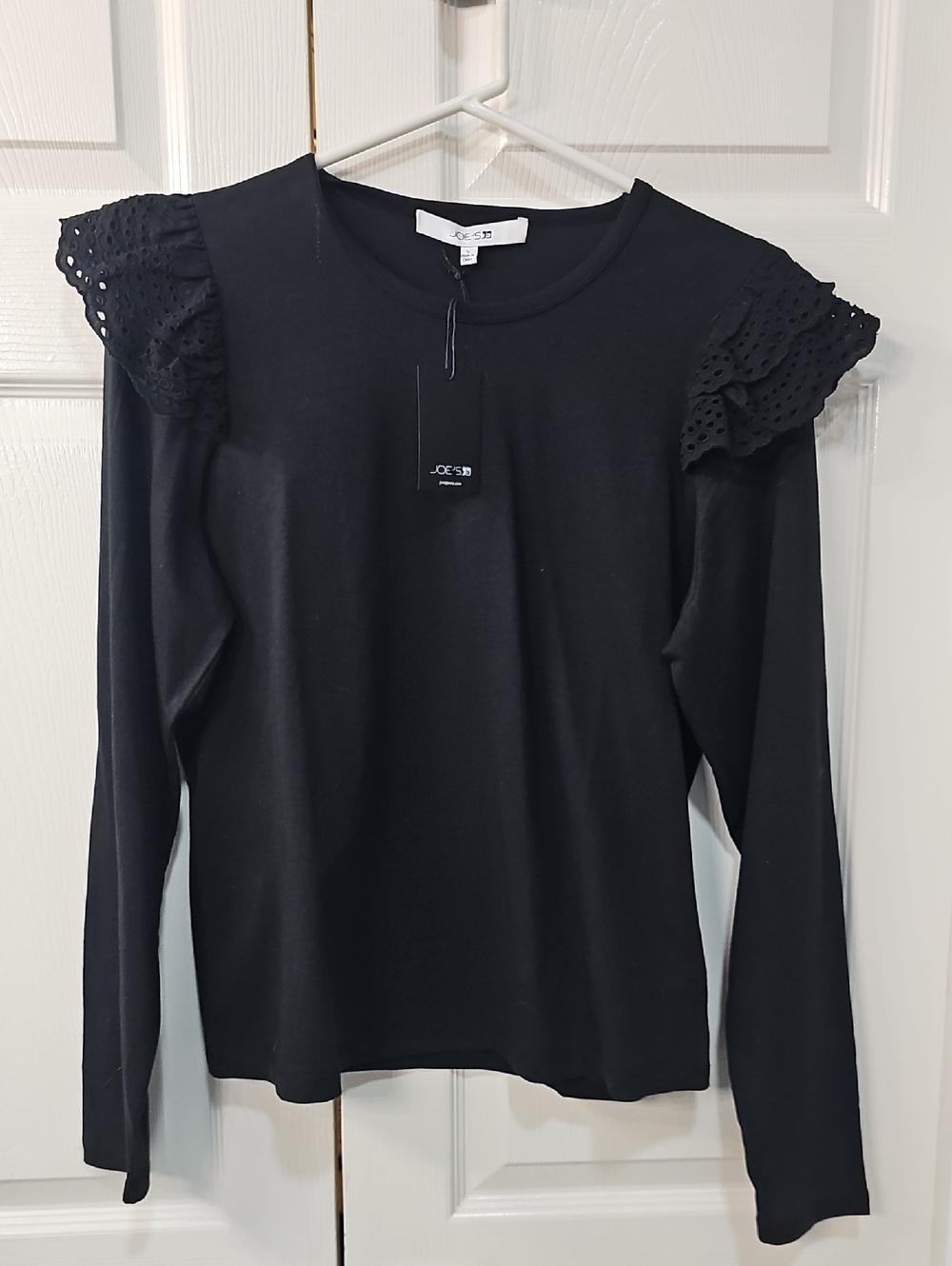 New Joe's Jeans Eyelet Embroidered Ruffle Feminine Cozycore Top Black XLarge